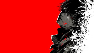 Ken Kaneki from Tokyo Ghoul in a dramatic red and black profile with white flowers HD wallpaper