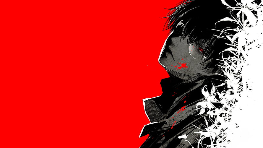 Ken Kaneki from Tokyo Ghoul in a dramatic red and black profile with white flowers HD wallpaper