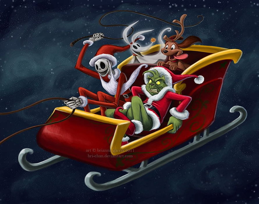 Jack Skellington and The Grinch Ride a Sleigh Through a Starry Night HD wallpaper