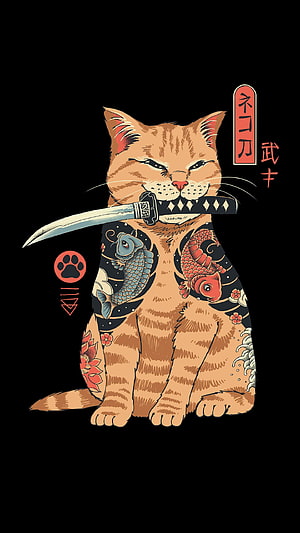Tattooed Orange Tabby Cat Holding Katana in Japanese Irezumi Style HD phone wallpaper