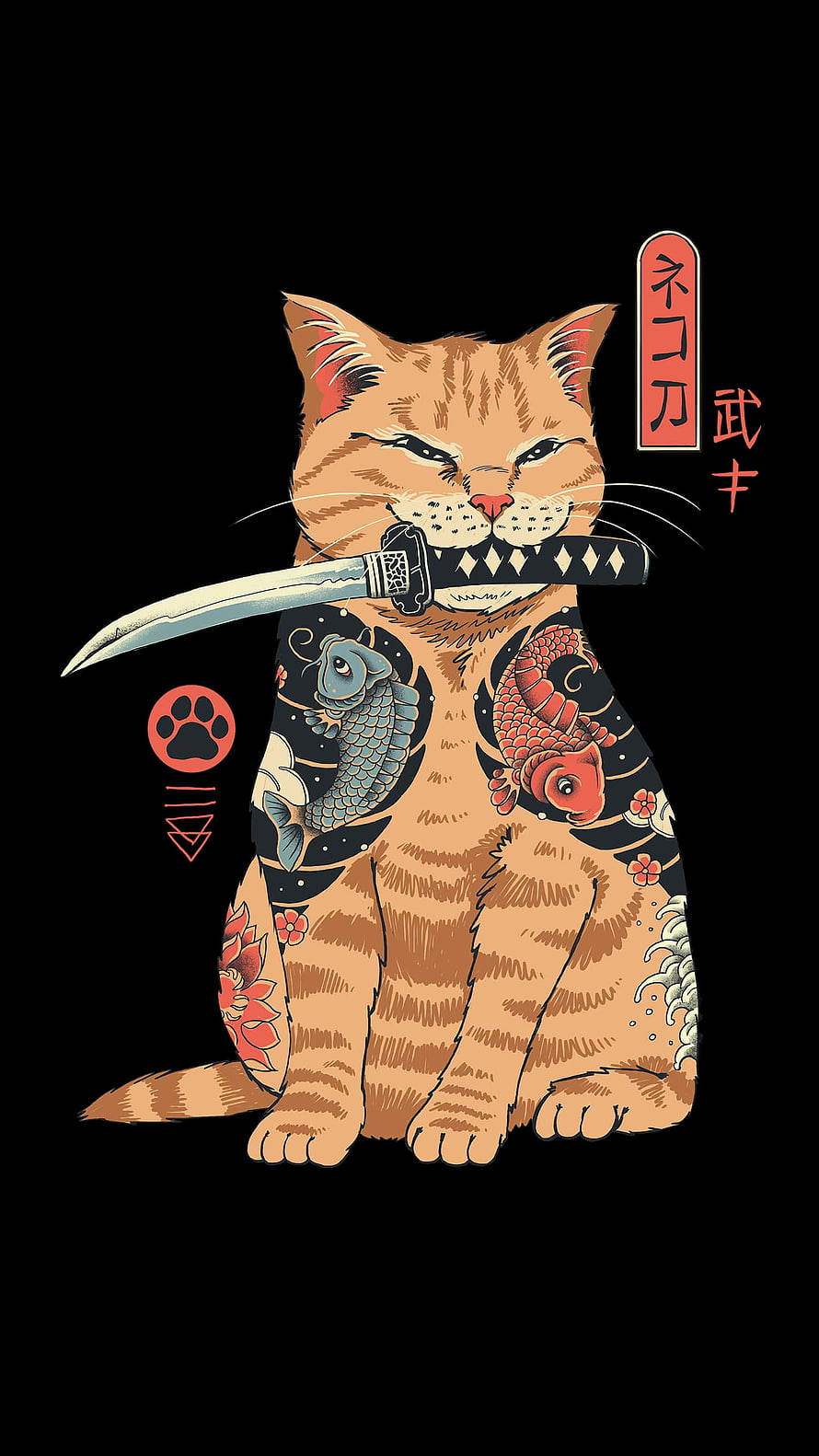 Tattooed Orange Tabby Cat Holding Katana in Japanese Irezumi Style HD phone wallpaper