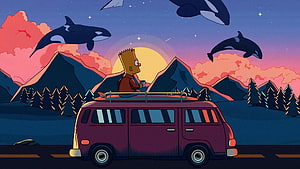 Bart Simpson on a Van Roof Amidst Mountains and Orcas at Sunset HD wallpaper