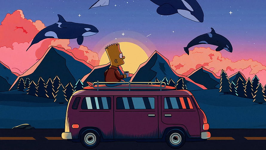 Bart Simpson on a Van Roof Amidst Mountains and Orcas at Sunset HD wallpaper