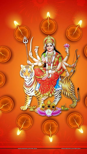 Maa Sherawali Hindu Goddess Riding Tiger With Diya Lamps And Traditional Ornaments HD phone wallpaper