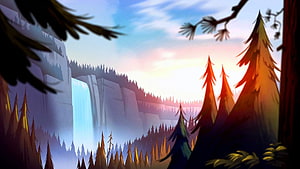 Gravity Falls Animated Forest Landscape with Waterfall and Pine Trees at Sunset HD wallpaper