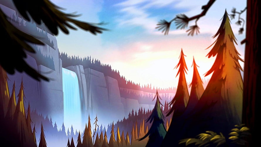 Gravity Falls Animated Forest Landscape with Waterfall and Pine Trees at Sunset HD wallpaper