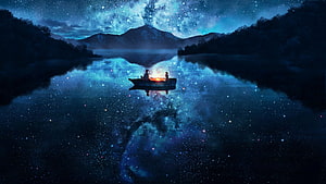 Two figures in a small boat on a calm lake beneath a vivid starry night sky with mountain reflections HD wallpaper