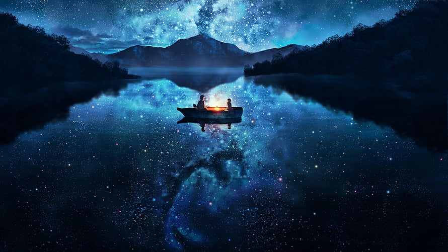 Two figures in a small boat on a calm lake beneath a vivid starry night sky with mountain reflections HD wallpaper