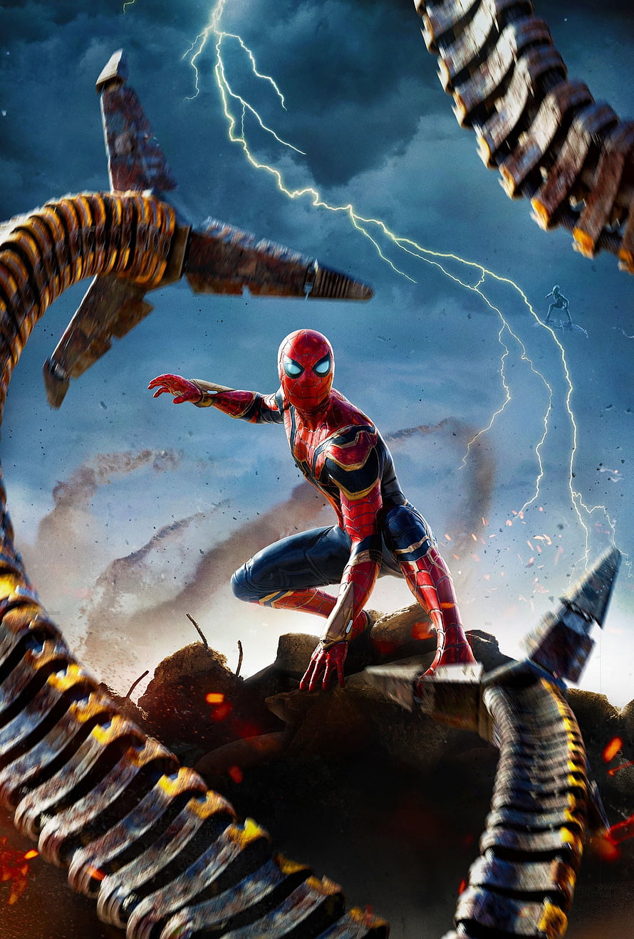 Spider-Man No Way Home Iron Spider Suit Action Scene with Lightning and Mechanical Tentacles HD phone wallpaper