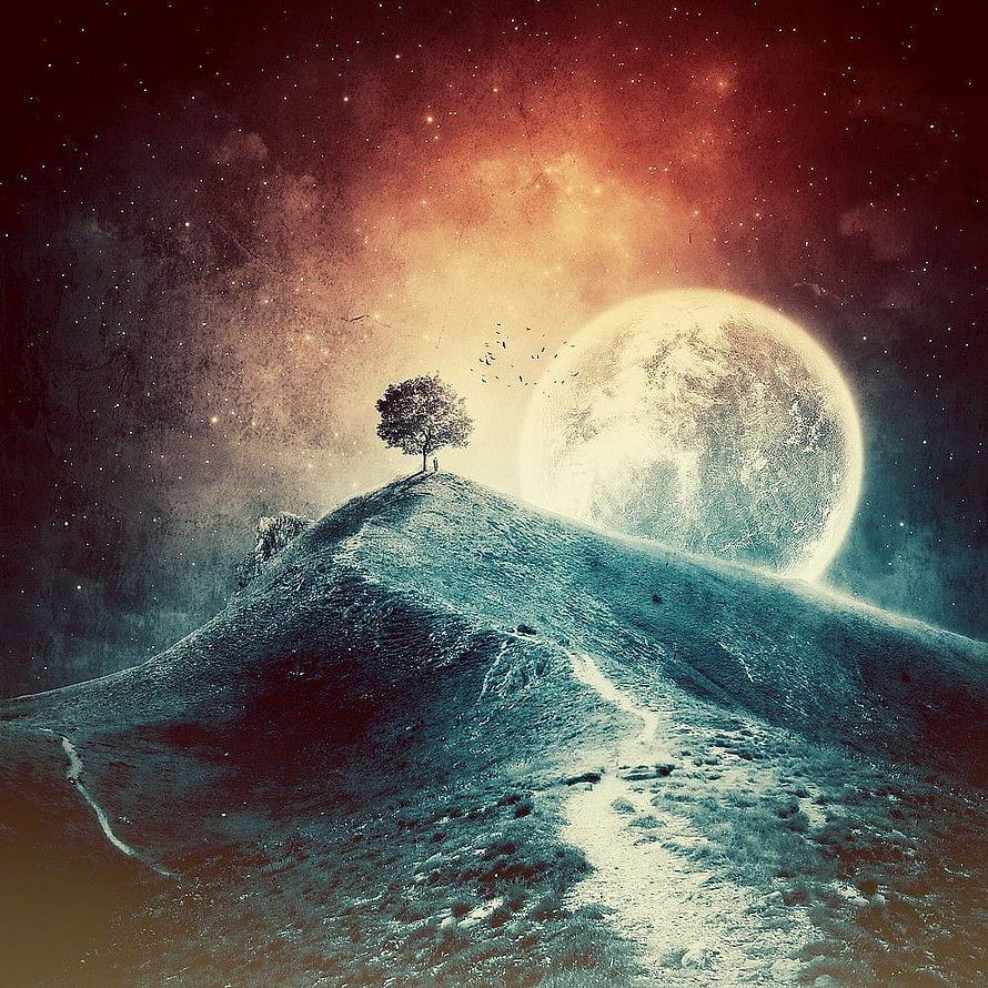 Lone Tree on Hilltop Under Giant Moon and Starry Nebula Sky HD phone wallpaper