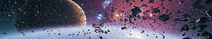 Spaceship Navigating Asteroid Field Near Giant Planet in Sci-Fi Space Scene HD wallpaper