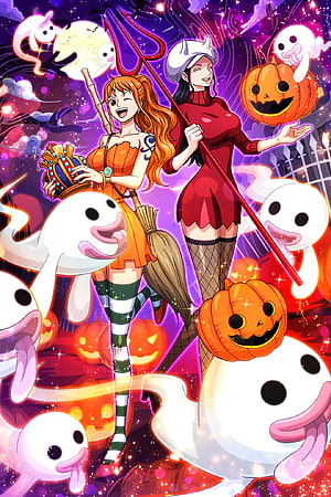 Nami and Robin in Halloween Witch Costumes with Ghosts and Jack-o'-Lanterns from One Piece HD phone wallpaper