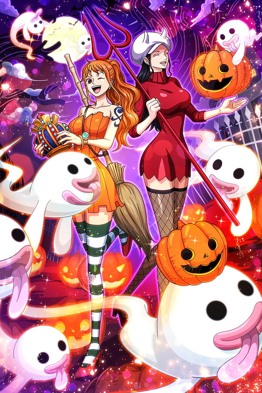 Nami and Robin in Halloween Witch Costumes with Ghosts and Jack-o'-Lanterns from One Piece HD phone wallpaper