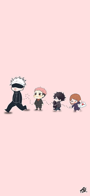 Jujutsu Kaisen Chibi Characters Walking in a Line on Pink Background HD phone wallpaper