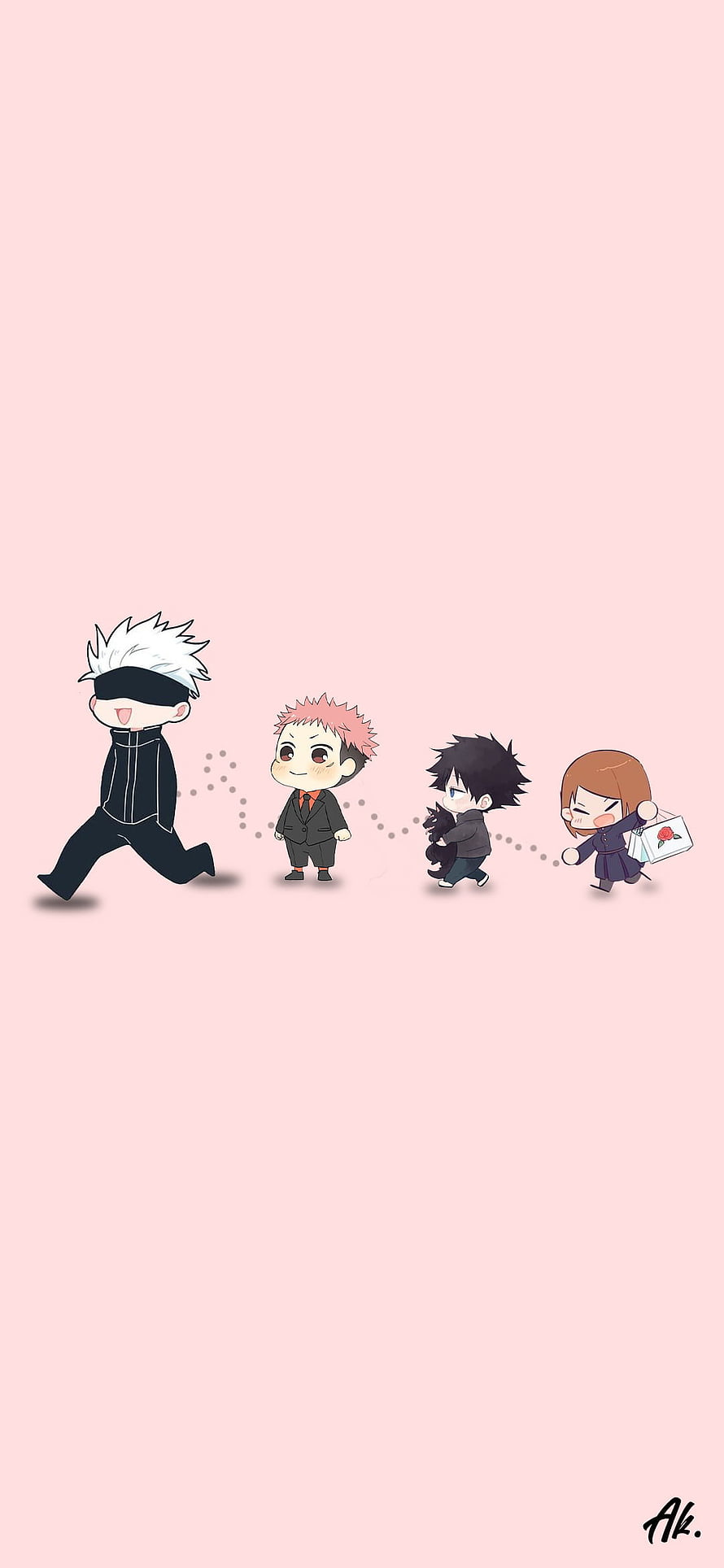Jujutsu Kaisen Chibi Characters Walking in a Line on Pink Background HD phone wallpaper
