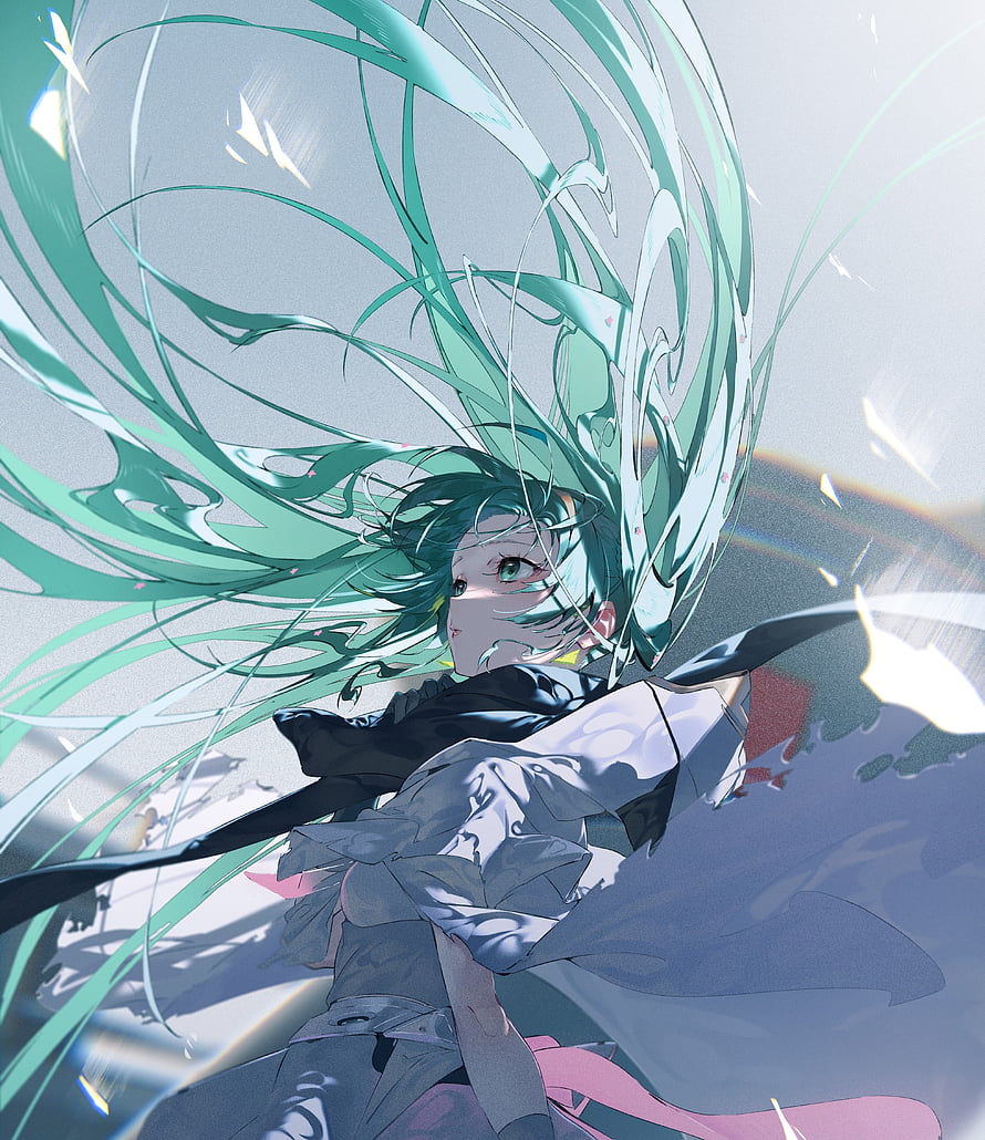 Hatsune Miku Anime Illustration with Flowing Teal Hair and Ethereal Light HD phone wallpaper