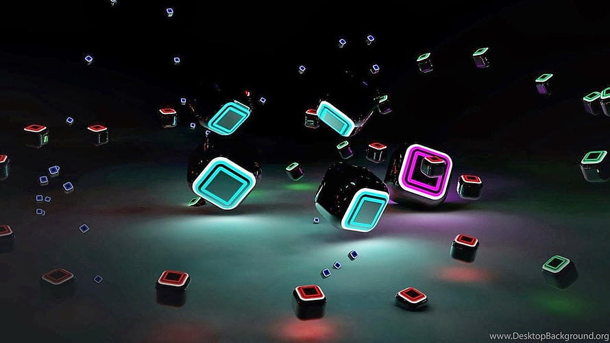 Glowing Neon Cubes Floating in Dark Digital Space HD wallpaper