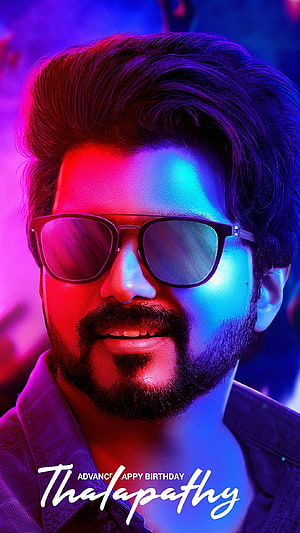 Vijay in Neon-Lit Portrait with Sunglasses and Beard HD phone wallpaper