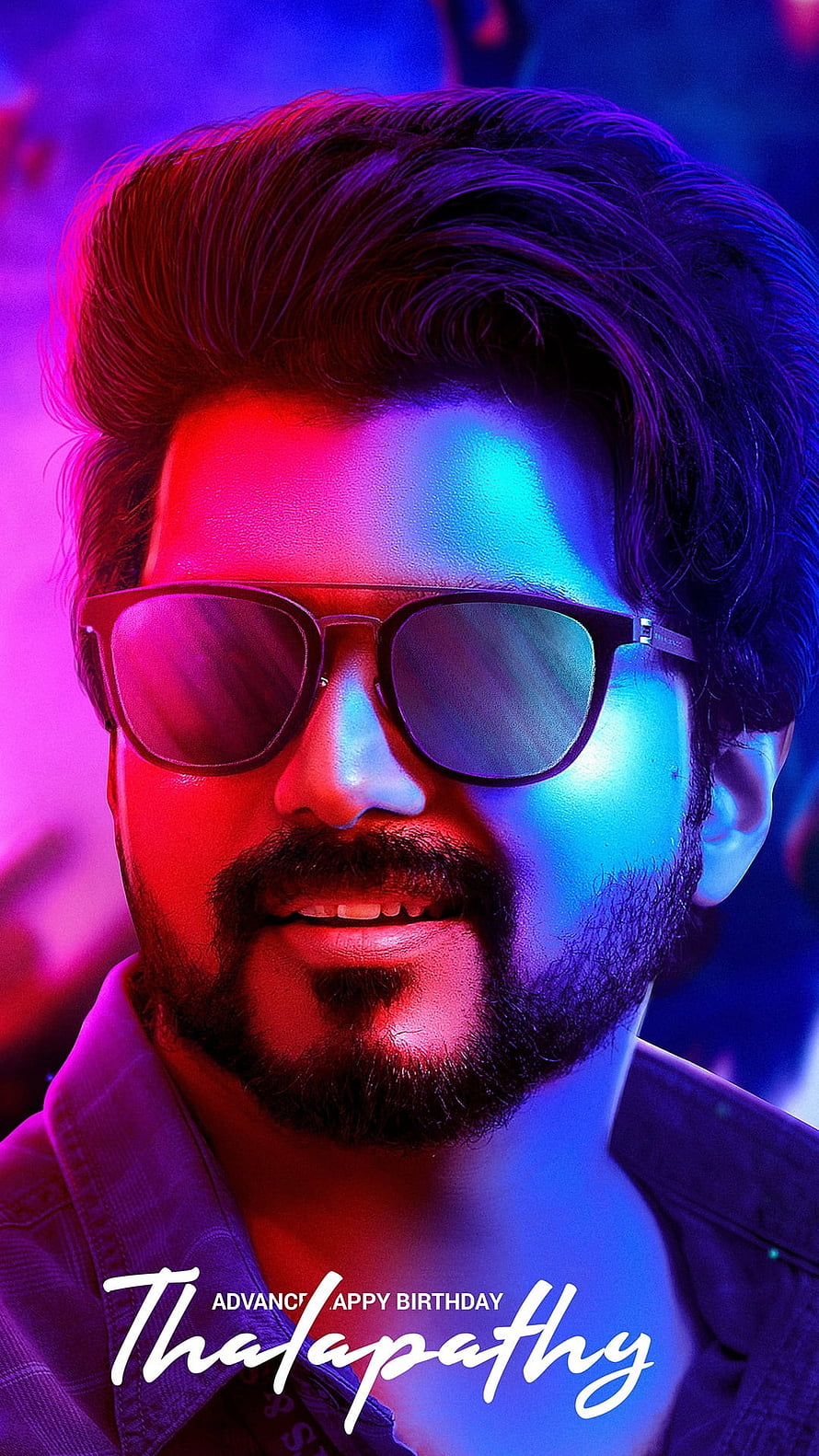 Vijay in Neon-Lit Portrait with Sunglasses and Beard HD phone wallpaper