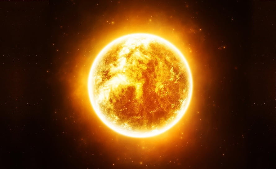 Glowing Sun Star in Deep Space with Radiant Corona and Scattered Stars HD wallpaper