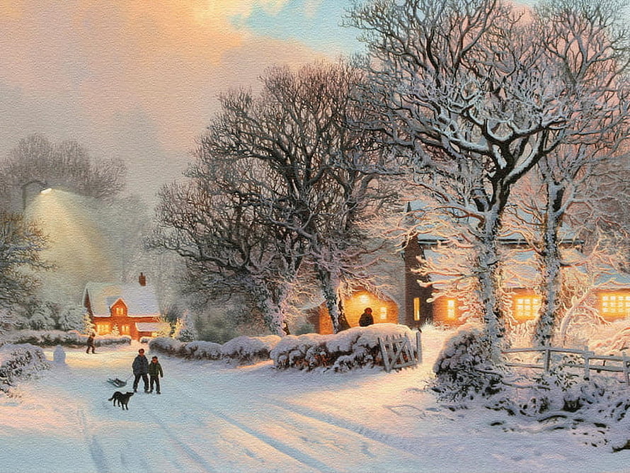 Cozy Snowy Village Scene with Warm Cottage Lights and Winter Trees HD wallpaper
