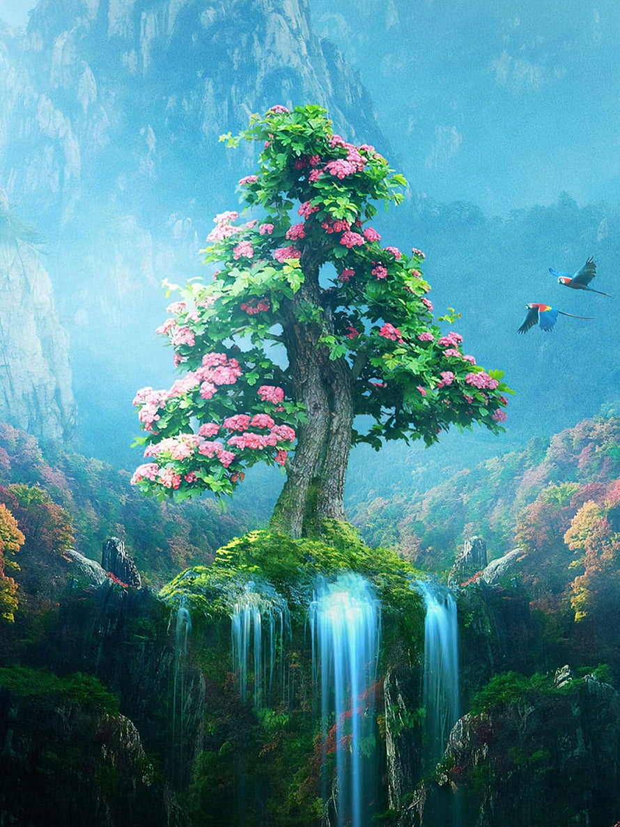 Fantasy Floating Island with Blossoming Tree, Waterfalls, and Parrots in Misty Mountains HD phone wallpaper