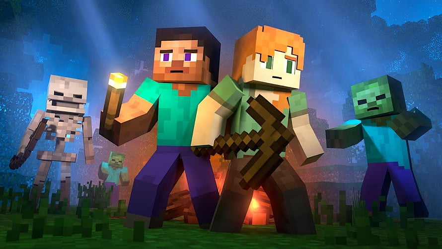 Minecraft Steve and Alex Survival Scene with Skeleton and Zombie in Blocky Night Landscape HD wallpaper