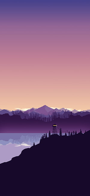 Minimalist Vector Mountain Landscape with Fire Tower at Sunset HD phone wallpaper