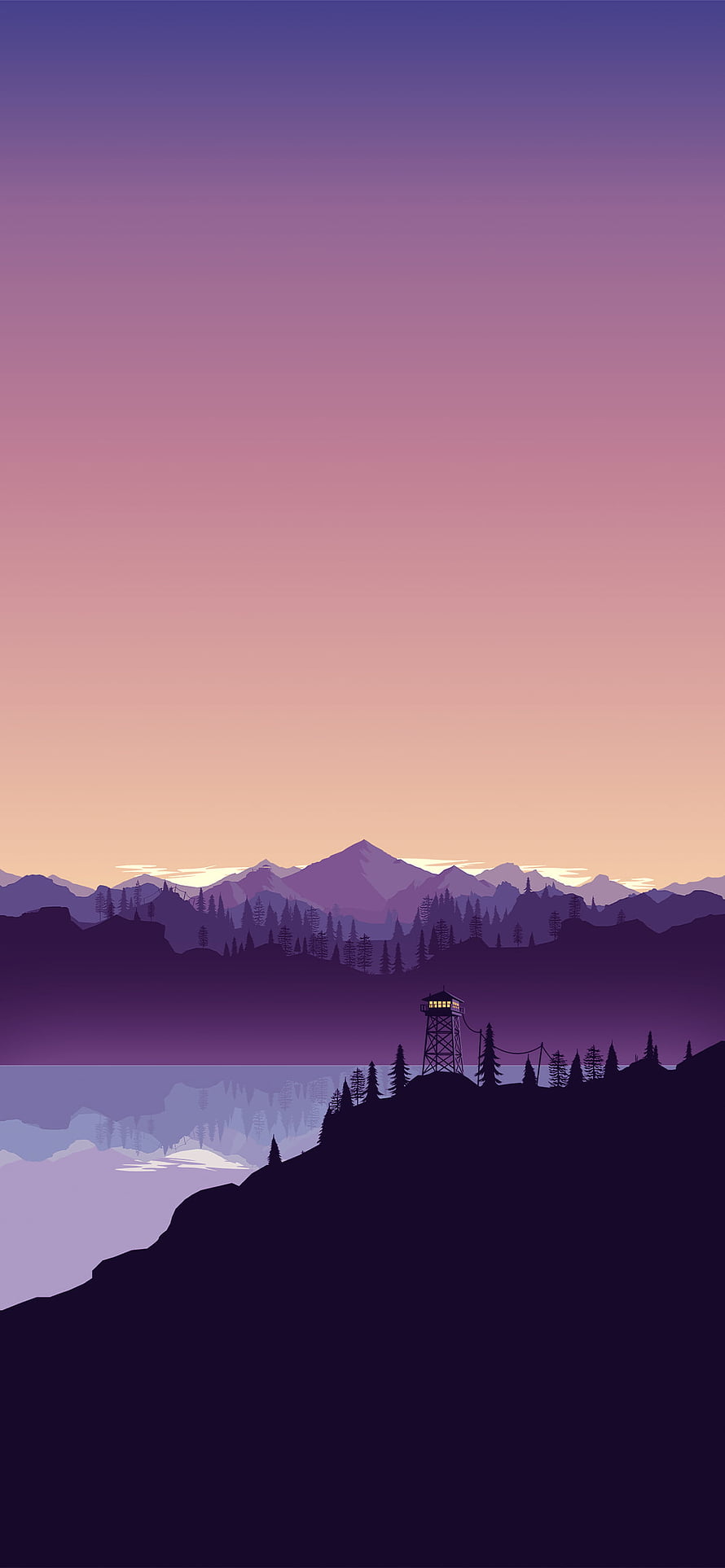 Minimalist Vector Mountain Landscape with Fire Tower at Sunset HD phone wallpaper