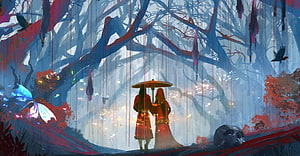 Heaven Official's Blessing Fantasy Artwork with Two Figures Under an Umbrella in a Misty Forest HD wallpaper