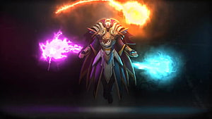 Invoker from Dota 2 Channeling Three Elemental Spells in Dark Fantasy Setting HD wallpaper
