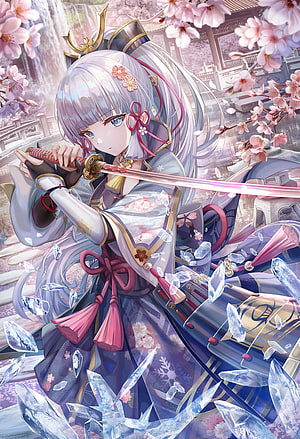 Ayaka Kamisato in Cherry Blossom Garden with Ice Crystals and Katana HD phone wallpaper
