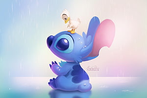 Stitch and a small duck sheltering together in the rain, soft pastel digital illustration HD wallpaper