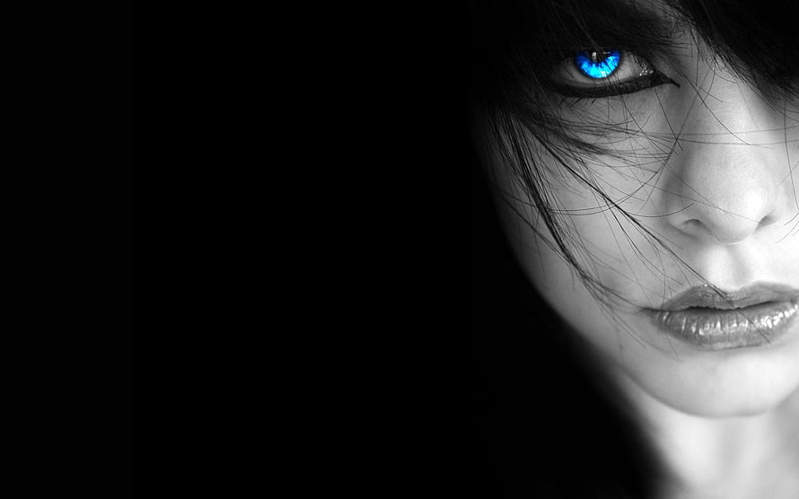 Dramatic Black and White Portrait with Glowing Blue Eye and Dark Hair HD wallpaper