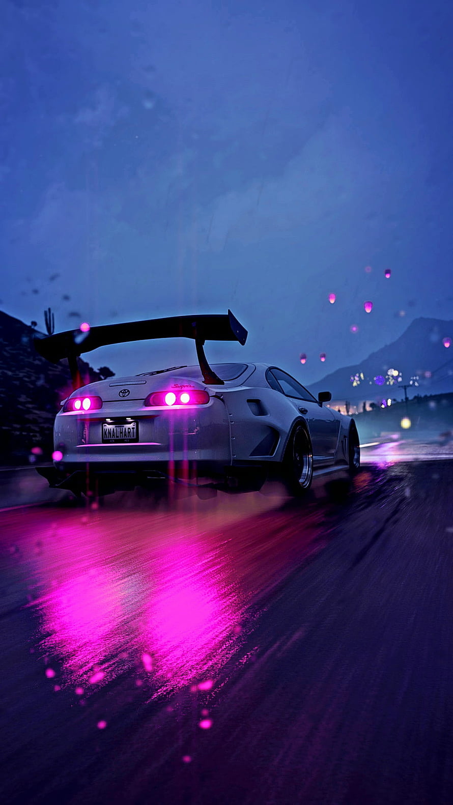 White Toyota Supra with Neon Pink Taillights Driving on Wet Night Road HD phone wallpaper