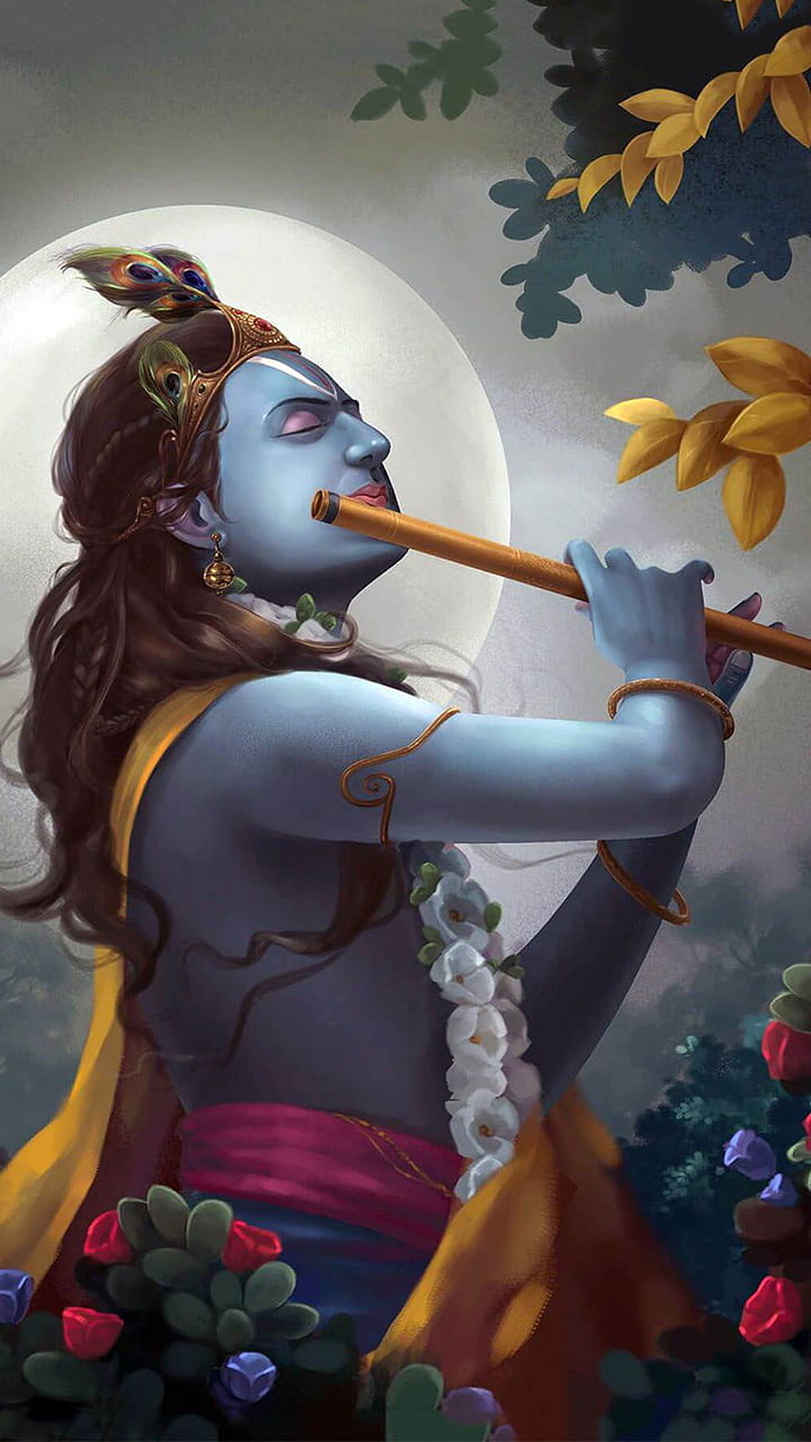 Krishna Playing The Flute Under A Full Moon With Peacock Feather Crown HD phone wallpaper