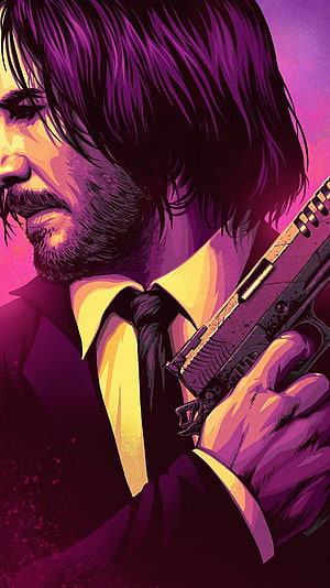 John Wick: Chapter 3 Parabellum Stylized Portrait of Keanu Reeves with Pistol HD phone wallpaper