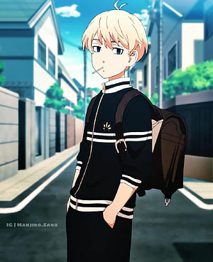 Mikey from Tokyo Revengers in black school uniform standing on a quiet residential street HD phone wallpaper