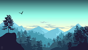 Minimalist Mountain Landscape with Pine Forest and Soaring Bird in Teal Sky HD wallpaper
