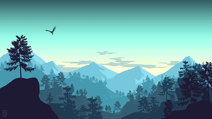 Minimalist Mountain Landscape with Pine Forest and Soaring Bird in Teal Sky HD wallpaper