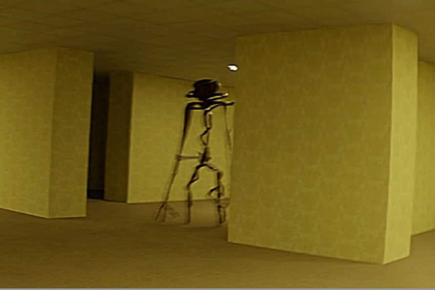 Tall Entity in The Backrooms Yellow Corridor Horror Scene HD wallpaper