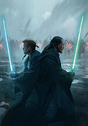 Obi Wan Kenobi and Qui Gon Jinn Stand Back to Back with Lightsabers in Star Wars Battle Scene HD phone wallpaper