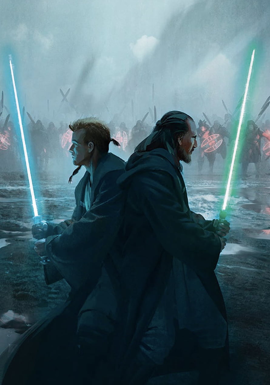 Obi Wan Kenobi and Qui Gon Jinn Stand Back to Back with Lightsabers in Star Wars Battle Scene HD phone wallpaper