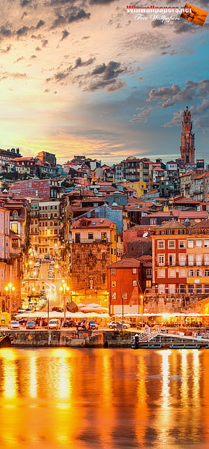 Porto Portugal Riverside Cityscape at Golden Hour with Clérigos Tower HD phone wallpaper
