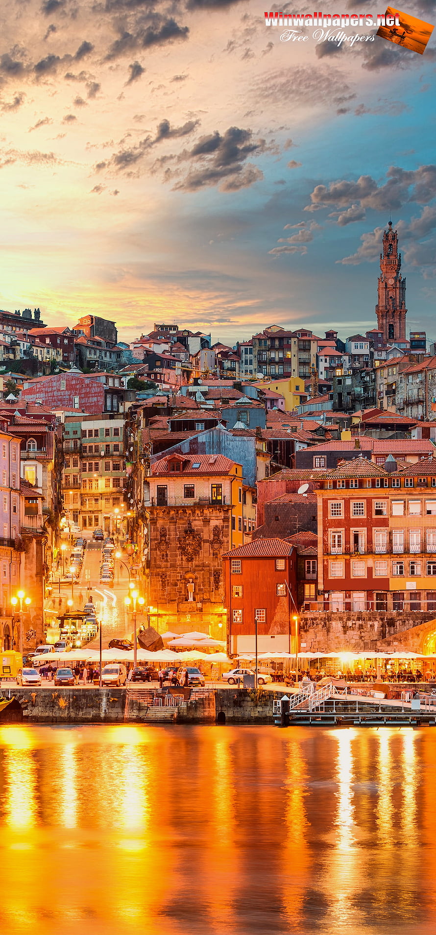 Porto Portugal Riverside Cityscape at Golden Hour with Clérigos Tower HD phone wallpaper
