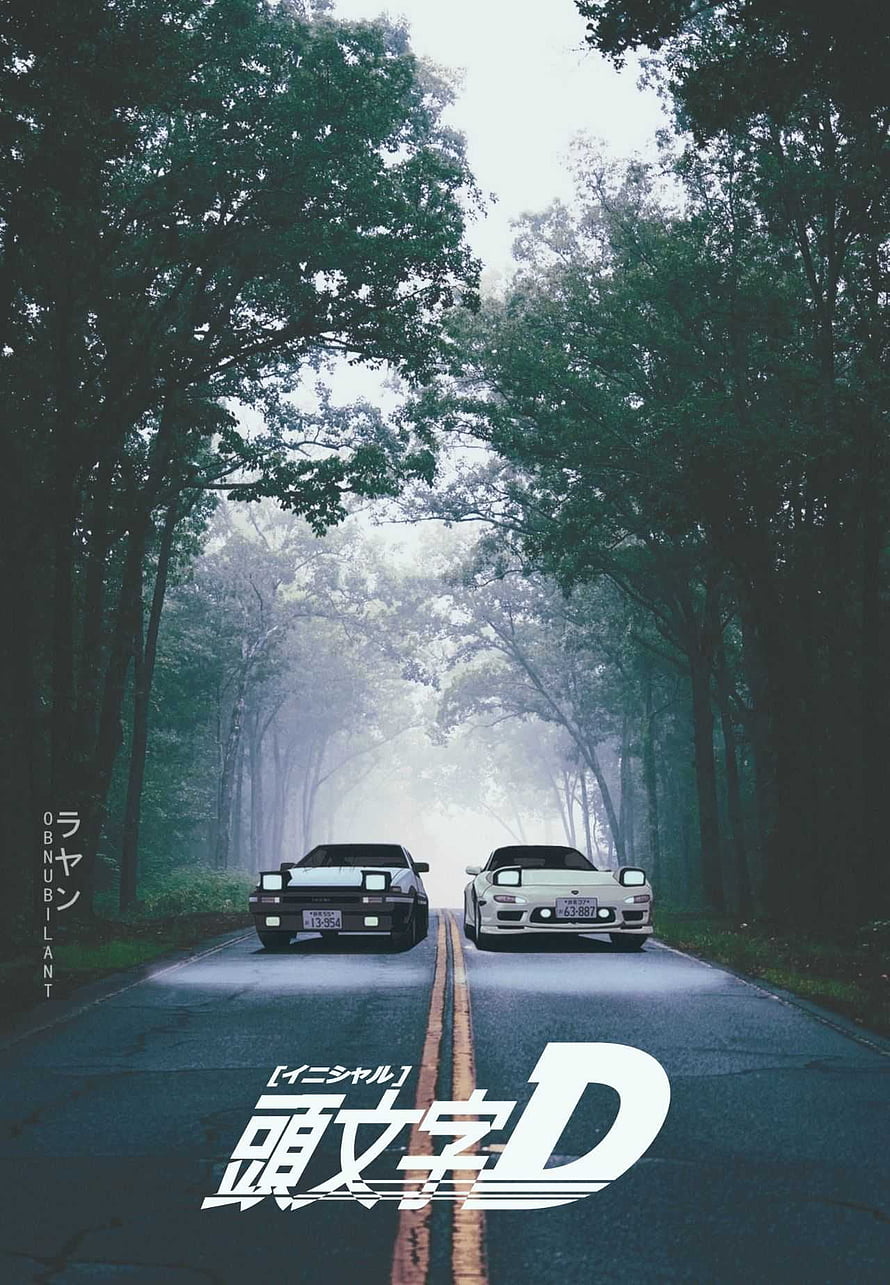 Initial D Anime Poster Featuring Two JDM Cars on a Misty Forest Road HD phone wallpaper