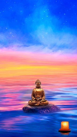 Golden Buddha Meditating on a Rock in a Serene Ocean at Sunset with a Floating Candle HD phone wallpaper