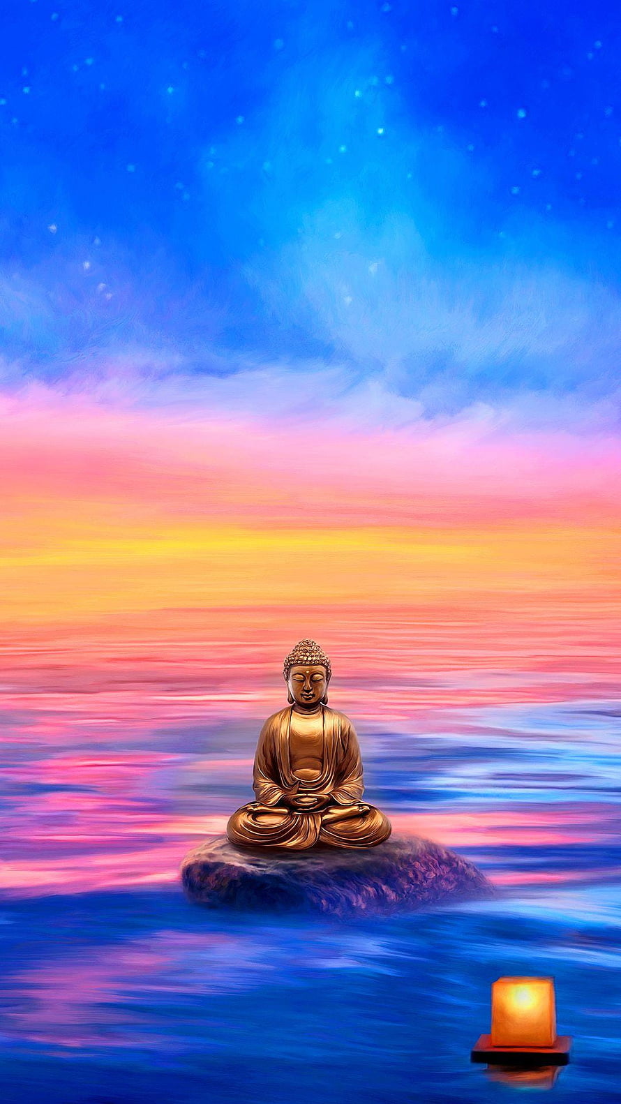Golden Buddha Meditating on a Rock in a Serene Ocean at Sunset with a Floating Candle HD phone wallpaper