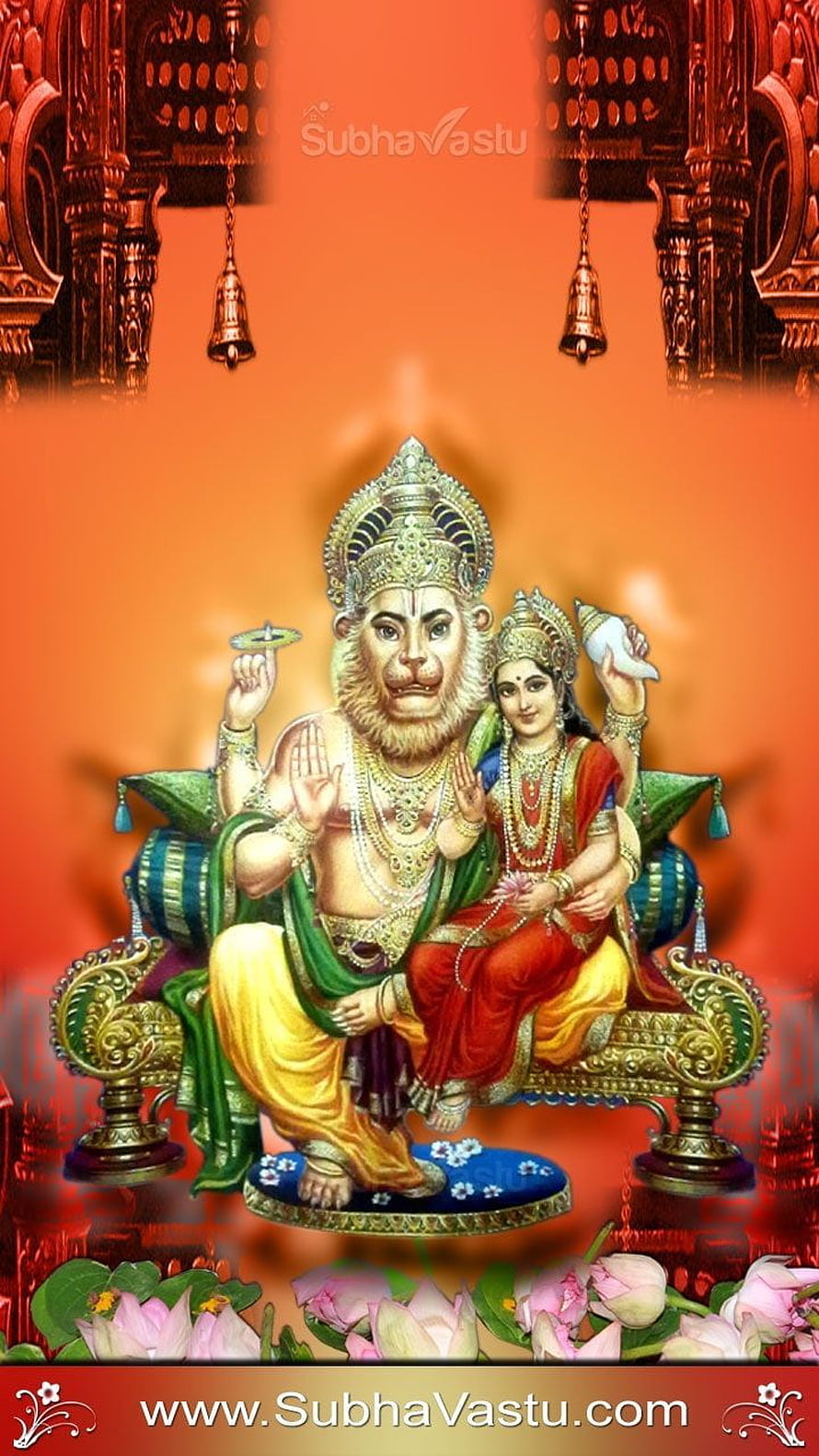 Lord Narasimha and Goddess Lakshmi Seated on Ornate Throne with Lotus Flowers HD phone wallpaper