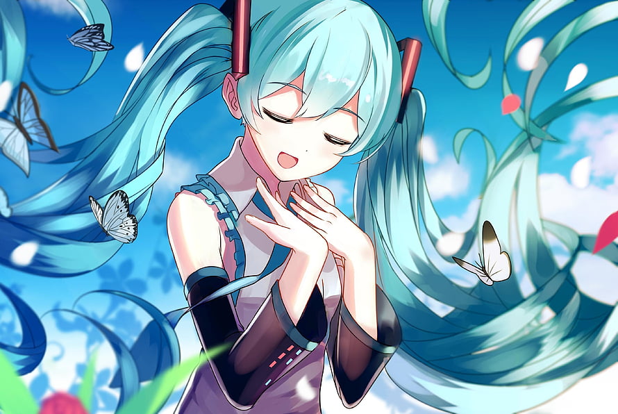 Hatsune Miku Anime Illustration with Flowing Teal Hair, Butterflies, and Petals Against a Bright Blue Sky HD wallpaper